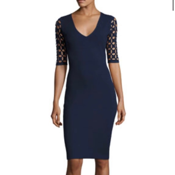 MILLY Navy Lattice Elbow Sleeve Dress - Picture 1 of 11